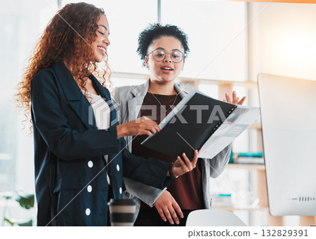 Business people, document and team planning, schedule or idea strategy at the office. Female employee manager checking paperwork with colleague in analysis, marketing or project plan at the workplace Business people, document and team planning, schedule or idea strategy at the office. Female employee manager checking paperwork with colleague in analysis, marketing or project plan at the workplace 132829391