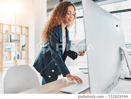 Young entrepreneur, typing and black woman with computer, startup office and communication on web app. Tech business owner, keyboard and documents with planning, contact and networking on internet 132829394