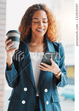 Phone, coffee and laugh with a business black woman laughing at a meme or joke on social media. Mobile, contact and humor with a funny female employee on the internet to enjoy happy comedy Phone, coffee and laugh with a business black woman laughing at a meme or joke on social media. Mobile, contact and humor with a funny female employee on the internet to enjoy happy comedy 132829397