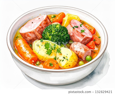 水彩插圖，描繪了盛放在白色盤子裡的法式燉牛肉。 132829421