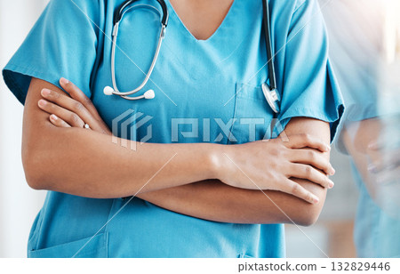 Healthcare, closeup and proud, woman and doctor at hospital with arms crossed in medicine for health goal. Nurse, hands and professional surgeon ready for help and medical service, working at clinic Healthcare, closeup and proud, woman and doctor at hospital with arms crossed in medicine for health goal. Nurse, hands and professional surgeon ready for help and medical service, working at clinic 132829446