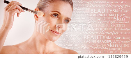 Senior woman, text overlay and beauty with makeup brush, wellness and anti aging self care with mockup. Elderly model, skincare collage and healthy with cosmetics, dermatology and studio background 132829459