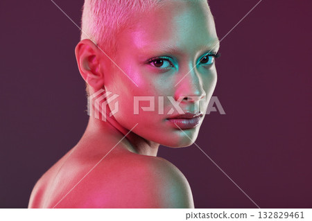 Neon, beauty and cyberpunk, portrait of woman with makeup and lights for creative or unique skincare on studio background. Skin care, art and cosmetics girl, model isolated for futuristic face mockup Neon, beauty and cyberpunk, portrait of woman with makeup and lights for creative or unique skincare on studio background. Skin care, art and cosmetics girl, model isolated for futuristic face mockup 132829461