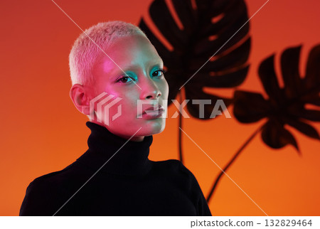 Face portrait, beauty and skincare of woman in studio isolated on red plant background. Neon aesthetic, makeup cosmetics and gen z model with glowing, healthy and flawless skin after spa treatment. Face portrait, beauty and skincare of woman in studio isolated on red plant background. Neon aesthetic, makeup cosmetics and gen z model with glowing, healthy and flawless skin after spa treatment. 132829464