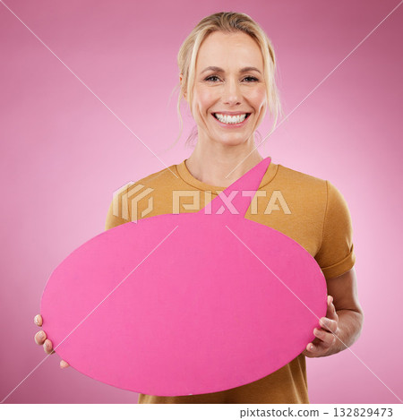 Speech bubble, woman and portrait on pink background for mockup advertising, communication and review. Happy female model, thought poster and voice for marketing space, feedback and product placement Speech bubble, woman and portrait on pink background for mockup advertising, communication and review. Happy female model, thought poster and voice for marketing space, feedback and product placement 132829473