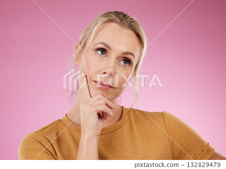 Thinking, woman and ideas on pink background, studio and color backdrop for mindset, planning or mockup. Inspiration, brainstorming and female model curious for question, solution and remember memory Thinking, woman and ideas on pink background, studio and color backdrop for mindset, planning or mockup. Inspiration, brainstorming and female model curious for question, solution and remember memory 132829479