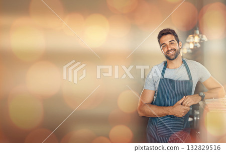 Small business owner, cafe mockup and portrait of man, bokeh and confident smile in restaurant startup advertising. Success, happy manager or coffee shop barista with in apron and service industry. 132829516