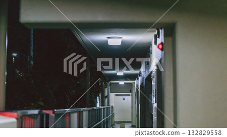 公寓大樓公共走廊和夜間照明的入口大門 132829558