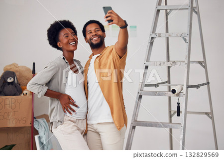 Love, selfie or happy black couple in home renovation, diy or house remodel together by apartment ladder. Photo smile, profile picture or African man and pregnant woman excited about baby or family 132829569