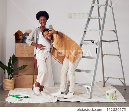 Pregnancy, selfie or happy black couple in home renovation, diy or house remodel together by apartment ladder. Photo smile, family profile picture or African man with pregnant woman excited with baby 132829575