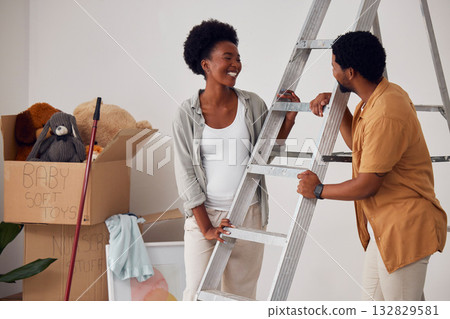 Ladder, moving or black couple hug in home renovation, diy or house remodel together in apartment. Happy people, helping or African man and pregnant woman excited about property partnership as family Ladder, moving or black couple hug in home renovation, diy or house remodel together in apartment. Happy people, helping or African man and pregnant woman excited about property partnership as family 132829581