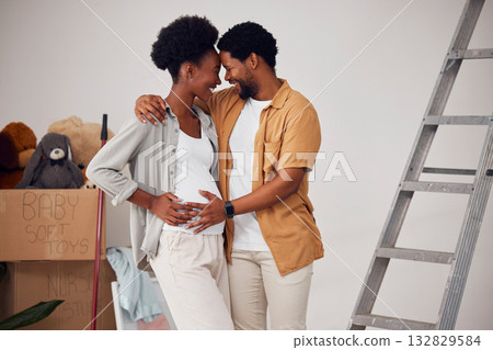 Forehead, pregnancy or black couple hug in home renovation, diy or house remodel together by apartment ladder. Lovers, partnership or African man and pregnant woman excited about baby or new family 132829584