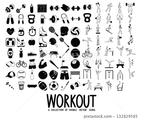 Workout Related Doodle vector icon set. Drawing sketch illustration hand drawn line eps10 Workout Related Doodle vector icon set. Drawing sketch illustration hand drawn line eps10 132829585