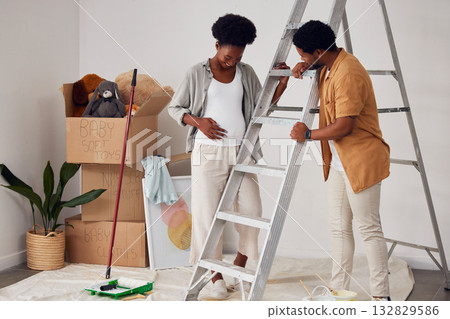 Ladder, pregnancy or black couple in home renovation, diy or house remodel together in apartment. Lovely people, helping or African man and pregnant woman excited about baby or partnership as family Ladder, pregnancy or black couple in home renovation, diy or house remodel together in apartment. Lovely people, helping or African man and pregnant woman excited about baby or partnership as family 132829586