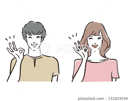 Refreshing men and women in their 30s giving OK signs 132829594