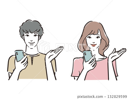 一對三十多歲的男女正在示範如何使用智慧型手機 一對三十多歲的男女正在示範如何使用智慧型手機 132829599