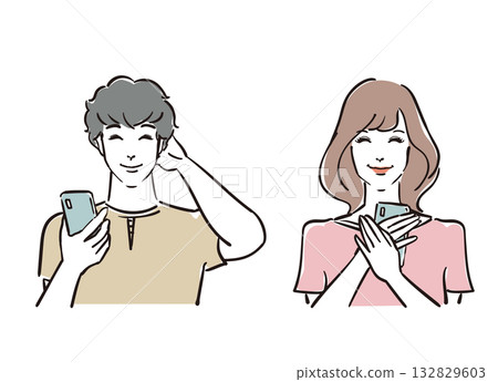 Smiling, refreshing men and women in their 30s holding smartphones 132829603