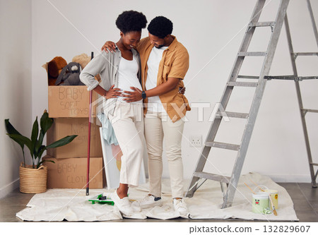Painting, pregnancy or black couple hug in home renovation, diy or house remodel together by apartment ladder. Teamwork, people or African man and pregnant woman excited about baby or new family Painting, pregnancy or black couple hug in home renovation, diy or house remodel together by apartment ladder. Teamwork, people or African man and pregnant woman excited about baby or new family 132829607