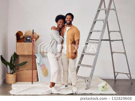 Painting, portrait or home with a black couple in DIY, renovation or house remodel with a paintbrush or roller. Teamwork, partners or African man and pregnant woman excited about baby or family start Painting, portrait or home with a black couple in DIY, renovation or house remodel with a paintbrush or roller. Teamwork, partners or African man and pregnant woman excited about baby or family start 132829608