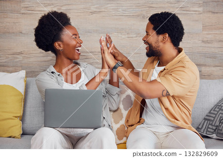 Laptop, pregnant woman and black man high five on sofa, excited and planning baby arrival with app online. Pregnancy, love and support, happy couple celebrate on couch with internet in living room. Laptop, pregnant woman and black man high five on sofa, excited and planning baby arrival with app online. Pregnancy, love and support, happy couple celebrate on couch with internet in living room. 132829609