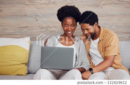 Movie, internet and black couple with a laptop for social media, web and meme on the sofa. Looking, happy and African man and woman watching a show, reading email or comedy entertainment on a pc Movie, internet and black couple with a laptop for social media, web and meme on the sofa. Looking, happy and African man and woman watching a show, reading email or comedy entertainment on a pc 132829612