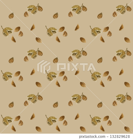 Beech nut seamless pattern Autumn plant hand-drawn watercolor illustration background material 132829628