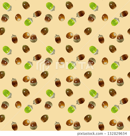 Acorn seamless pattern. Hand-drawn watercolor illustration background of autumn plants. Acorn seamless pattern. Hand-drawn watercolor illustration background of autumn plants. 132829634