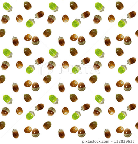 橡子無縫圖案。手繪水彩插畫背景,描繪了秋季植物。 橡子無縫圖案。手繪水彩插畫背景,描繪了秋季植物。 132829635