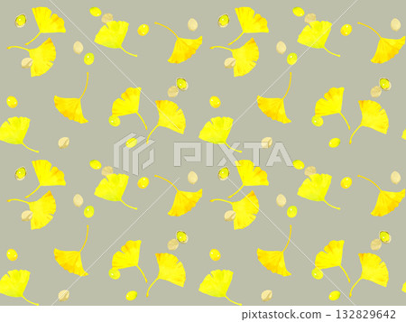 銀杏葉和銀杏果的無縫圖案。手繪水彩插畫背景素材，描繪了秋季植物的景象。 132829642