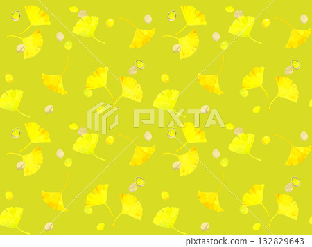 Seamless pattern of yellow ginkgo leaves and ginkgo nuts. Hand-drawn watercolor illustration background material of autumn plants. 132829643