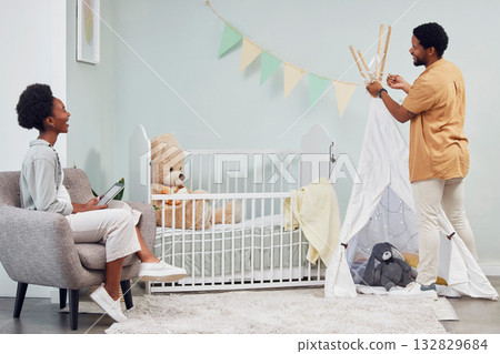 Pregnant, baby room and black couple happy to prepare family home with tablet for interior design. Man and woman together talking about excited pregnancy future, love and life insurance in bedroom 132829684