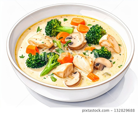Watercolor illustration of cream stew served in a white bowl Watercolor illustration of cream stew served in a white bowl 132829688