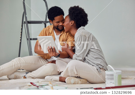 Painting, tablet or black couple online shopping for home renovation, diy or house remodel together. Digital, ecommerce choices or African man on the internet with woman excited about family property 132829696