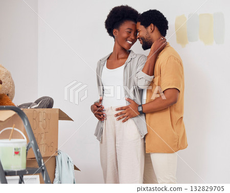 Forehead, pregnancy or black couple embrace in home renovation, diy or house remodel together by apartment. Lovers, partnership or African man hugging pregnant woman excited about baby or new family Forehead, pregnancy or black couple embrace in home renovation, diy or house remodel together by apartment. Lovers, partnership or African man hugging pregnant woman excited about baby or new family 132829705