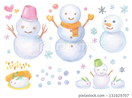 水彩手繪雪人和雪兔插圖套裝 132829707