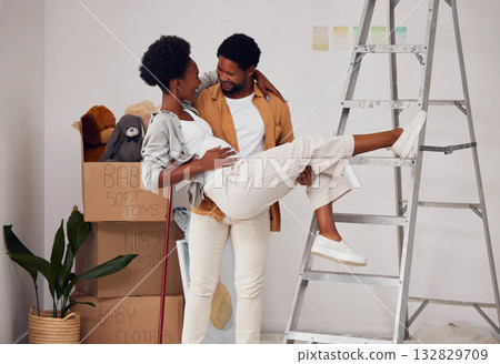 Love, lifting or black couple in home renovation, diy or house remodel together by apartment ladder. Happy lovers, partnership or African man with pregnant woman excited about baby or family property Love, lifting or black couple in home renovation, diy or house remodel together by apartment ladder. Happy lovers, partnership or African man with pregnant woman excited about baby or family property 132829709
