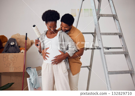 Love, pregnancy or happy couple hugging in home renovation, diy or house remodel together by apartment ladder. African people, painting or black man with pregnant woman excited about baby or family Love, pregnancy or happy couple hugging in home renovation, diy or house remodel together by apartment ladder. African people, painting or black man with pregnant woman excited about baby or family 132829710