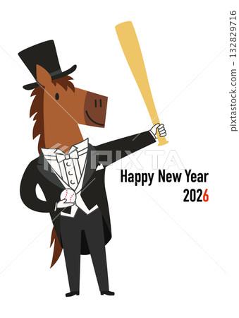 A cute horse in a tailcoat holding a bat and a baseball in his hand, vector illustration for the 2026 Year of the Horse New Year's card 132829716