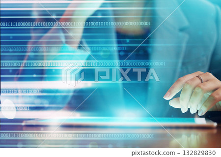 Code hologram, business woman hand and tablet data of a it worker with coding and programmer work. Information technology graphic, digital cybersecurity overlay and 3d programming in a office on tech Code hologram, business woman hand and tablet data of a it worker with coding and programmer work. Information technology graphic, digital cybersecurity overlay and 3d programming in a office on tech 132829830