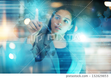 Map hologram, cyber woman and touch screen for 3d network, futuristic or future technology with digital software. Location, global connection and person with information technology with world overlay Map hologram, cyber woman and touch screen for 3d network, futuristic or future technology with digital software. Location, global connection and person with information technology with world overlay 132829853