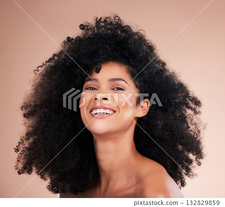 Model, afro hair or beauty portrait on studio background for aesthetic empowerment, curly texture or skincare glow. Happy black woman, face or natural hairstyle and makeup cosmetics on isolated wall 132829859