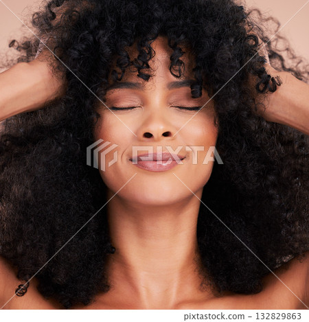 Beauty, hair care and face of black woman in studio for makeup, cosmetics and skincare glow. Aesthetic model with natural curly afro for shampoo growth and shine or volume on a gradient background 132829863