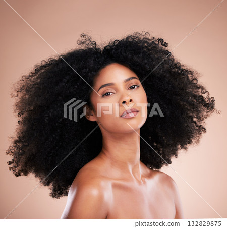 Black woman, portrait or afro hair on studio background for aesthetic empowerment, curly texture pride or skincare glow. Beauty model, face or natural hairstyle and makeup cosmetics on isolated wall 132829875
