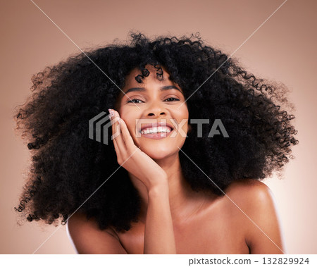 Beauty, hair and face portrait of black woman on brown background for wellness, shine and natural glow. Salon, luxury treatment and happy girl with curly hairstyle, texture and afro growth 132829924