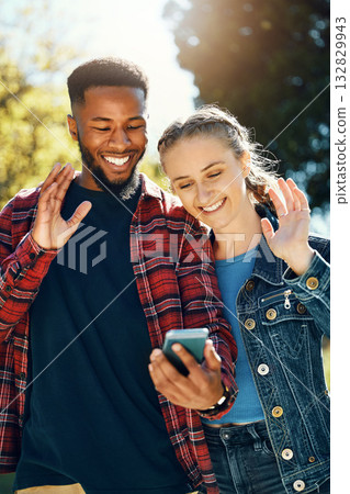 Video call, hello and couple of friends at park for social media update, live streaming date and influencer talking. Interracial people, online 5g communication and international holiday or vacation 132829943