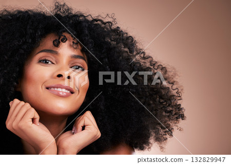 Hair, beauty and portrait of black woman with smile on brown background for wellness, shine and natural glow. Salon, luxury treatment and happy girl face with curly hairstyle, texture and afro growth Hair, beauty and portrait of black woman with smile on brown background for wellness, shine and natural glow. Salon, luxury treatment and happy girl face with curly hairstyle, texture and afro growth 132829947
