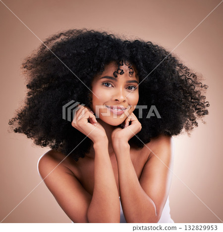 Hair, afro and portrait of black woman with smile on brown background for wellness, shine and natural glow. Salon, luxury beauty and happy girl face with curly hairstyle, texture and growth treatment Hair, afro and portrait of black woman with smile on brown background for wellness, shine and natural glow. Salon, luxury beauty and happy girl face with curly hairstyle, texture and growth treatment 132829953