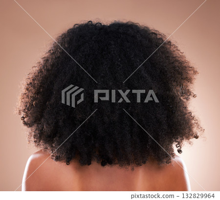 Natural hair, black woman with afro and beauty, haircare and cosmetics with back on studio background. Female, cosmetic treatment with curly hairstyle, rear view and texture with hygiene and grooming 132829964