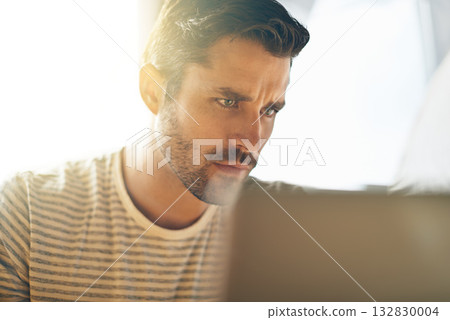 Remote work, laptop or man in cafe reading news online the stock market for trading report update. Coffee shop, entrepreneur or trader typing an email or networking on internet or digital website Remote work, laptop or man in cafe reading news online the stock market for trading report update. Coffee shop, entrepreneur or trader typing an email or networking on internet or digital website 132830004