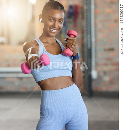 Woman, fitness and portrait smile with dumbbells for weightlifting exercise, workout or strength training at gym. Happy female smiling for lightweights, exercising or healthy wellness at health club Woman, fitness and portrait smile with dumbbells for weightlifting exercise, workout or strength training at gym. Happy female smiling for lightweights, exercising or healthy wellness at health club 132830017